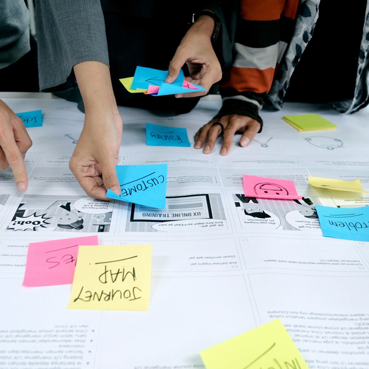 Founders mapping a customer journey with sticky notes across a printed worksheet
