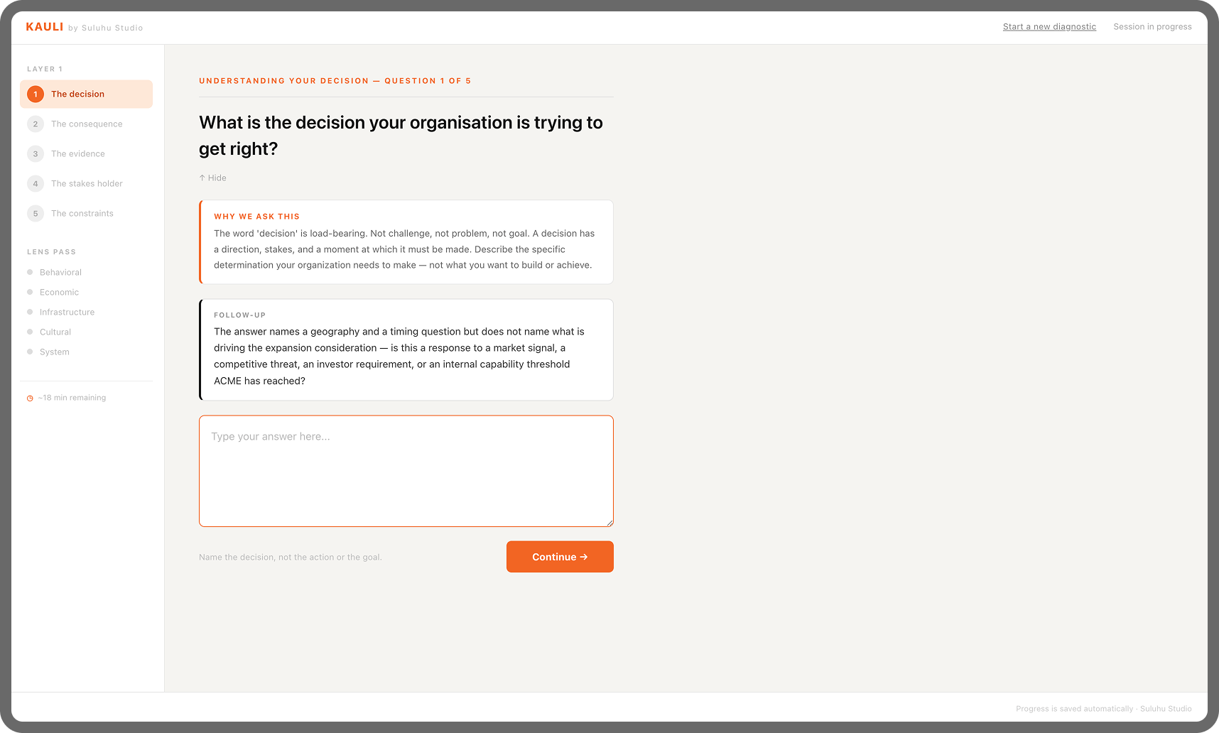 Kauli diagnostic session interface