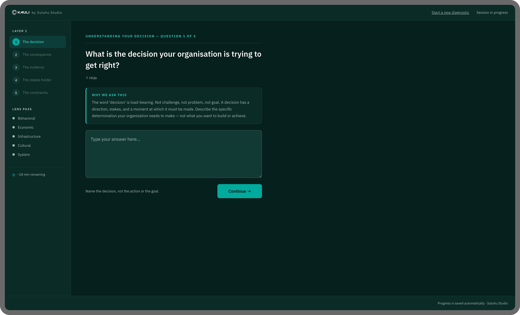 Kauli diagnostic session interface